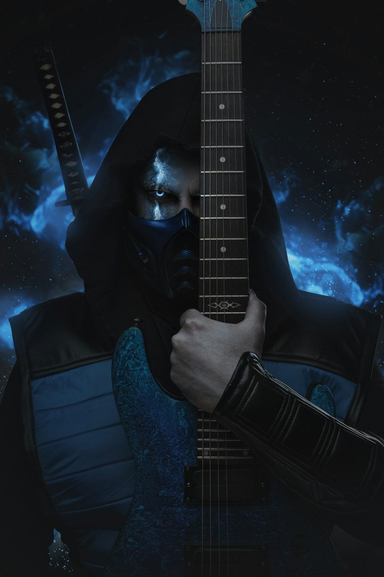 Angry frozen ninja with electric guitar and katana